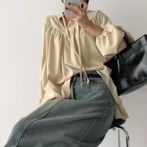 여자 하객룩 아방핏 셔링 끈 빅사이즈 퍼프 블라우스