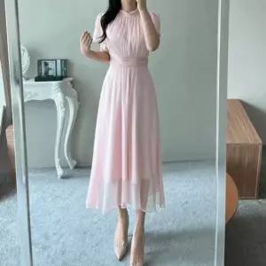 [하프클럽/]나르스 하이넥 셔링 리본 쉬폰 날개 프릴 A라인 롱 셀프웨딩 여