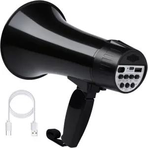 사이렌 및 240초 녹음 BT USB 입력 전원 디스플레이 휴대용 스트랩이 있는 메가폰 스피커(블랙)를 갖춘