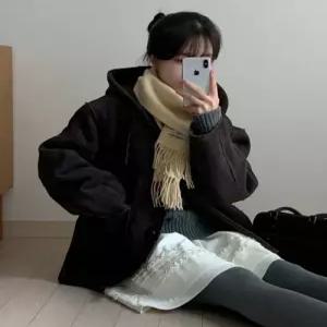 코드그라피 CODEGRAPHY 우먼 스웨이드 후드 점퍼 무스탕 다크브라운