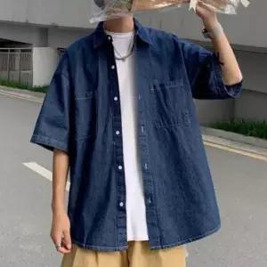 오너클랜 남성 오버핏 데님 반팔 셔츠 청남방 청셔츠 여름 캐주얼 셔츠 남자반팔셔츠 데님반팔셔츠