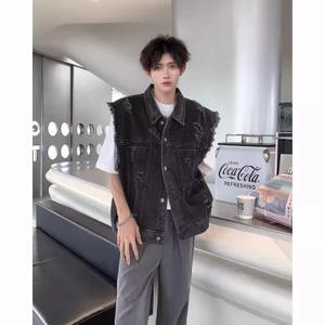 샤오원샵 남성 빈티지 워싱 대미지 쇼트 데님 조끼 봄여름 트렌디 나시 베스트