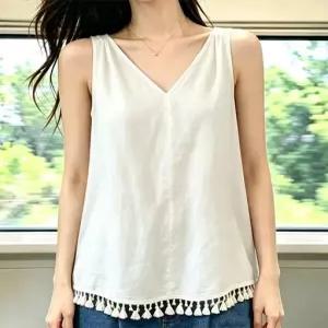 수술밑단 브이넥 민소매 블라우스 9B8069