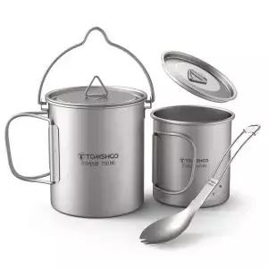 TOMSHOO 초경량 750ml 티타늄 냄비 휴대용 워터 머그컵 뚜껑과 접이식 손잡이 야외 캠핑 요리