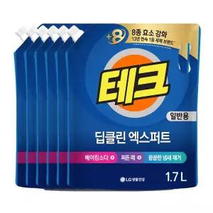 (액체세제)테크 딥클린 실내건조 액체세제 일반 리필 1.7L x 6개