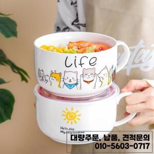 대용량 1000ml 세라믹 커피 머그컵 숟가락 뚜껑 포함 아침식사 오트밀 밀크티 즉석 라면 그릇 선물