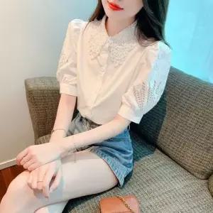 여성 여름 고급스런 쉬폰 블라우스 펀칭 반팔 상사 셔츠 스포M2