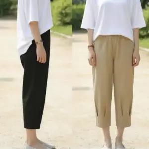 여성 7부 배기 밴딩 팬츠 코튼 린넨 배기팬츠 여름 커브드 고무줄 바지
