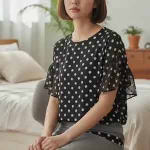 아울렛 여성 도트 쉬폰 블라우스 반팔 루즈핏 여름 티셔츠
