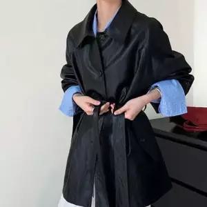 [하프클럽/]벨티드 여성 레더 코트 오버핏 여성 트렌치 코트 브라운 가죽