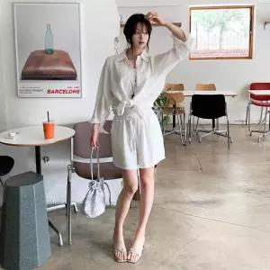[옷자락] 여자 간절기 캐주얼 밴딩 하이웨스트 린넨혼방 반바지 세트