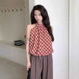 여자 벌룬핏 홀터넥 뒷단추 체크 블라우스25211311588872