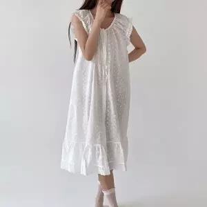여자 여름파자마 펀칭 플라워 프릴 레이스 면 롱원피스25351725588872
