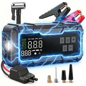 Guistekno 150 PSI 8000A 타이어 인플레이터 휴대용 공기 주입기 디지털 게이지 LED 조명이 장착된 에어 펌프가 점프 스타터 자동차 오토바이 자전거 볼용 파워 뱅크가 12V 배터리 박스