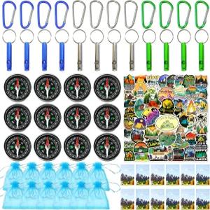 110PCS 캠핑 해피 생일 파티 나침반이 포함된 선물 가방 키트 하이킹 호루라기 열쇠고리 카라비너 야외