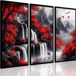레드 포레스트 폭포 캔버스 월 아트 그레이 마운틴 호수와 트리 풍경 사진 벽 장식 흑백 자연 경관 포스터