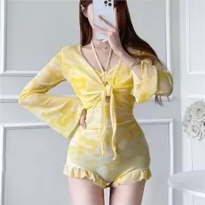 [하프클럽/]여성 롱 슬리브 수영복 여성 타이다이 수영복 체형커버 브이넥