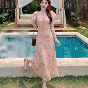 슈슈 여성 대형 민소매 여름 방학 스타일 오렌지 핑크 꽃 무늬 드레스 작은 플라잉 슬리브 롱 DL