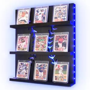 IKPAHOK 야구 딩 카드 선반 LED 조명이 스포츠 월 PSA SGC BGS 등급 수집품용 나무 홀더 NFL 풋볼 농구