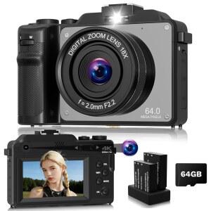 사진 촬영용 디지털 카메라 셀카 렌즈 및 20배 줌 기능이 있는 4K 64MP WIFI 유튜브용 컴팩트 브이로그 청소년 초보자를 위한 2개의 배터리가 장착된 휴대용 여행용 카메라