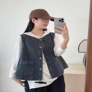 EAMT 여성 여름 라운드 레이어드 데님 조끼 빈티지 나시 YJ