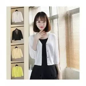 니트 가디건 여성 미니 7부 소매 얇은 자켓 브이넥
