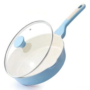 센사르테 논스틱 세라믹 소트 팬 10인치 3.5QT 프라이팬 뚜껑이 있는 무독성 딥 보온 손잡이 건강한 요리 냄비 인덕션 호환 파란색
