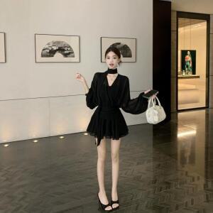 청수정 여성 블랙 브이넥 긴팔 셔츠 드레스 여름 슬리밍 짧은 플리츠 쉬폰 스커트 KS