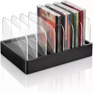 Wenqik 클리어 아크릴 CD 홀더 검은색 나무 DVD 저장 비닐 레코드 보관 14개 표준 케이스 거실 침실