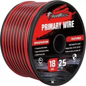 AWELTEC 18게이지 와이어 18AWG 25피트 자동차 전선 2도체 빨간색 검정 1차 케이블 LED 조명 스트립용 구리
