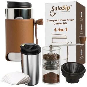 SaloSip 4-in-1 휴대용 수동 그라인더 여행 및 캠핑용 커피 메이커 위에 스테인리스 스틸 주전자, 보온 머그컵 드 가 포함된 세트 올인원 브루어 키트 매뉴얼을 붓습니다