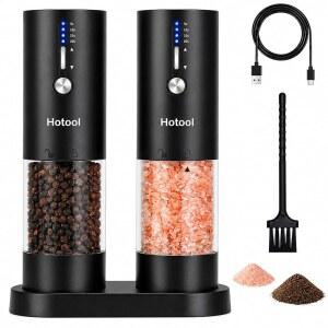 Hotool 전기 소금 및 후추 그라인더 세트 - 베이스가 있는 충전식 쉐이커 조절 가능한 거친 주방 기기, 엄마, 아빠, 여자, 남자, 여동생, 할아버지를 위한 선물