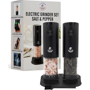 Flavorae 전기 소금 및 후추 그라인더 세트 - 95ml 대용량, 조절 가능한 거칠기, 내장 LED 조명, 주방용 자동 셰이커를 갖춘 블랙 2팩 배터리 작동 공장