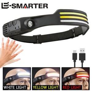 COB LED 센서 전조등 내장 배터리 USB 충전식 손전등 5가지 조명 모드 헤드랜턴