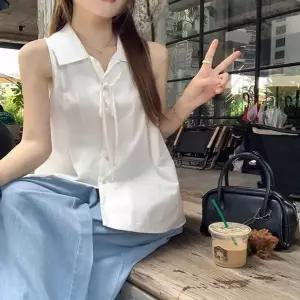 [하프클럽/]단정한 클래식무드 여름 민소매 리본 셔츠 블라우스