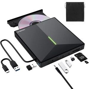 노트북용 오리진빌리브 외장 CD/DVD 드라이브, USB 포트 4개와 TF/SD 카드 슬롯 2개가 있는 3.0 DVD 플레이어, 데스크탑 PC Windows 11 /10 /8 /7 Linux Mac OS용 휴대용 + /-RW 드라이브 버너 리더라이터