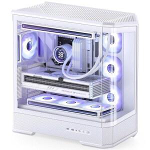 JONSBO D400 화이트 ATX 미드 타워 PC 케이스, 3차원 베벨 곡선 유리 디자인, 데스크탑 컴퓨터 지원 BTF 마더보드 / 전원 공급 장치 Dual360 AIO, 10개의 팬 위치,