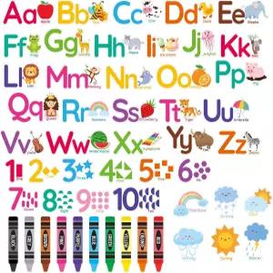 Vomika 55Pcs 동물 알파벳 번호 벽 스티커 컬러풀 ABC 글자 페인트 브러시 탈착식 학습용 교육용 아트 데코