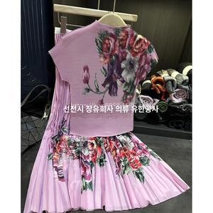 또바기 여성 콘 셔링 프린트 티셔츠 여름 슬림핏 밴딩 주름 스커트 투피스 HT