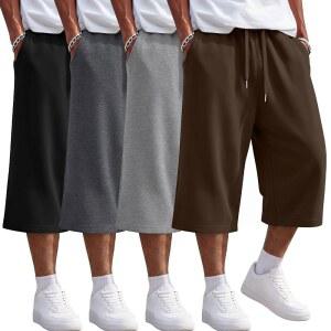 Ficerd 4 Pack Men s Baggy Capri Pants 3/4 Below Knee Shorts Wide Leg Drawstring Sweatpants Athletic Long with Pockets XX-Large Dark Coffee, Light Heather Gray, Black
