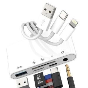 SD 카드 리더 허브 USB C 라이트닝 USB에서 OTG 3.5MM 보조 충전기 TF 어댑터(5IN1) 아이폰호환 17 16 15 14 13 PRO MAX 스플리터 카메라 컴퓨터 ANDROID 오디오 충전 액세서리 삼성과 호환됨