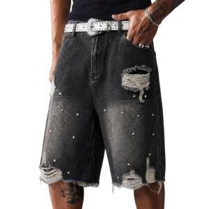 Vamtac Baggy Jorts 남성용 데님 반바지 Y2K 디스트레스드 진 힙합 여름 캐주얼, 블랙