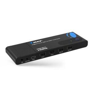 OREI 2X1 4K HDMI 및 USB-C KVM 스위치 4X 포트 USB-A 1X 공유 여러 장치 노트북 PC 하나의 디스플레이 모니터 키보드 제어 주변 아날로그 오디오 출력 - 유선 리모컨 MKW