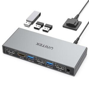 유니텍 KVM 스위치 2 모니터 컴퓨터 디스플레이포트 2 듀얼 4K 60HZ 키보드 마우스 하드 드라이브 프린터용 USB 3.0 포트 4개 홈 오피스 게이밍 그레이 MHC