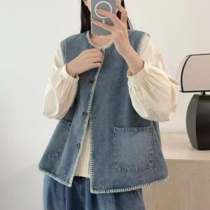 앤트맨 여성 봄여름 빈티지 데님 조끼 레이어드 오피스룩 캐주얼 버튼 아우터