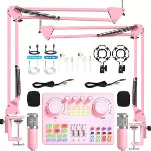 팟캐스트 장비 번들 2용 오디오 인터페이스 및 DJ20 믹서 XLR 마이크 포함 보이스 체인저 2400mAh 배터리