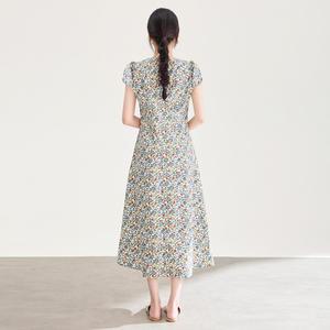 샤오원샵 여성 고품질 순수 코튼 매트 핑크 민트 꽃 라운드넥 퍼프 슬리브 드레스 여름