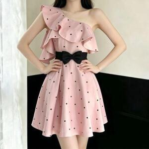 원픽 여성 딸 짧은 치마 핑크 사랑 폴카 도트 러플 어깨 드레스 여름