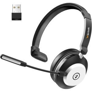 컴퓨터용 USB 동글이 장착된 원텍 블루투스 헤드셋 사무실 및 트럭 운전사용 노이즈 캔슬링 마이크가 싱글 이어 무선 업무용 음소거 버튼이 있는 V5.3 MZI