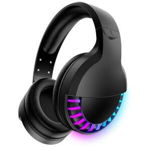 노이즈 캔슬링이 가능한 무선 블루투스 헤드폰 HIFI 스테레오 사운드 마이크 딥 베이스 프로틴 이어패드 레인보우 RGB 백라이트 오버 이어 헤드셋 PC MAC 게임 여행 클래스 홈 오피스(블랙)용 MTL